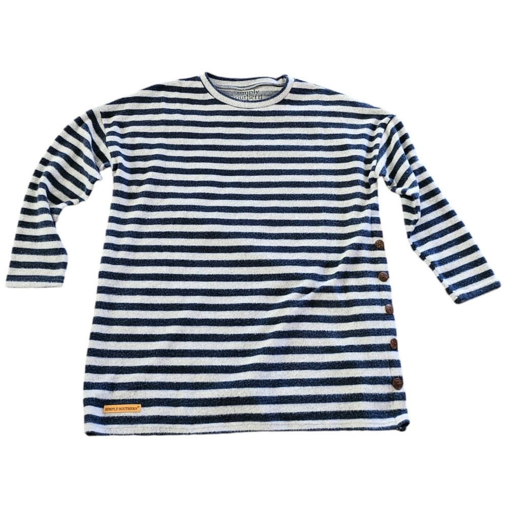 Simply Southern Striped Oversized Fleece Top Gray & Navy Size L